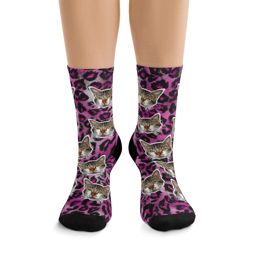 Pink Leopard Cat Print Socks, Calico Cat Print One-Size Knit Designer Socks- Made in USA-Socks-One size-Heidi Kimura Art LLC