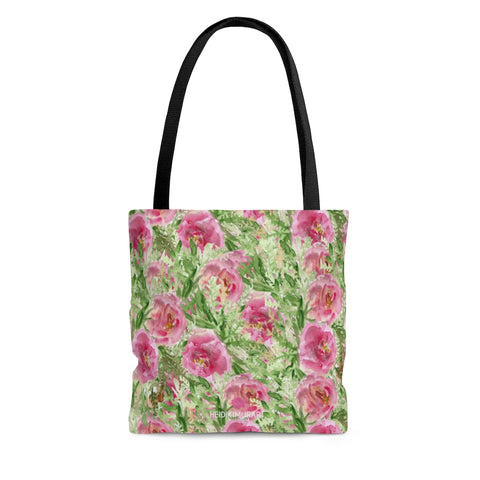 Green Floral Rose Tote Bag, Spring Roses Flower Print Designer Colorful Square 13"x13", 16"x16", 18"x18" Premium Quality Market Tote Bag - Made in USA