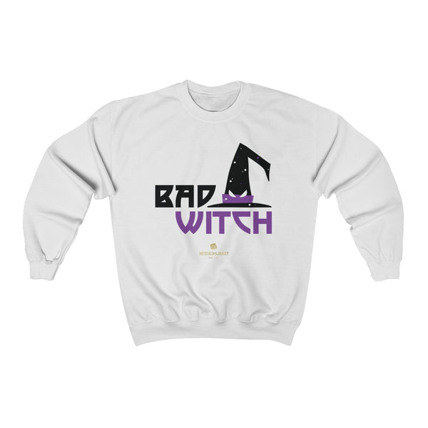 Halloween Sweatshirt, Bad Witch Unisex Heavy Blend Crewneck Shirt-Made in USA (US Size: S-5XL)-Long-sleeve-White-S-Heidi Kimura Art LLC