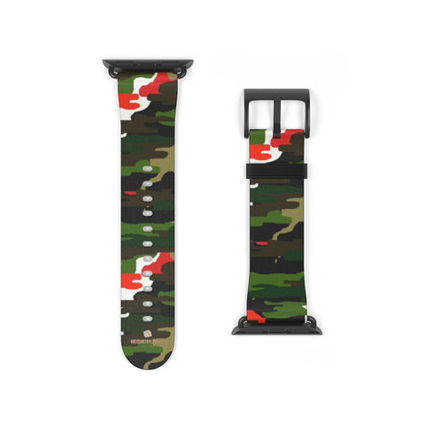 White Green Red Camo Print 38mm/42mm Watch Band For Apple Watches- Made in USA-Watch Band-38 mm-Black Matte-Heidi Kimura Art LLC