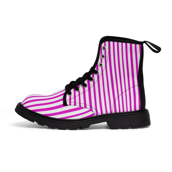 Pink Striped Women's Canvas Boots, Best Hot Pink White Stripes Winter Boots For Ladies-Shoes-Printify-Heidi Kimura Art LLC