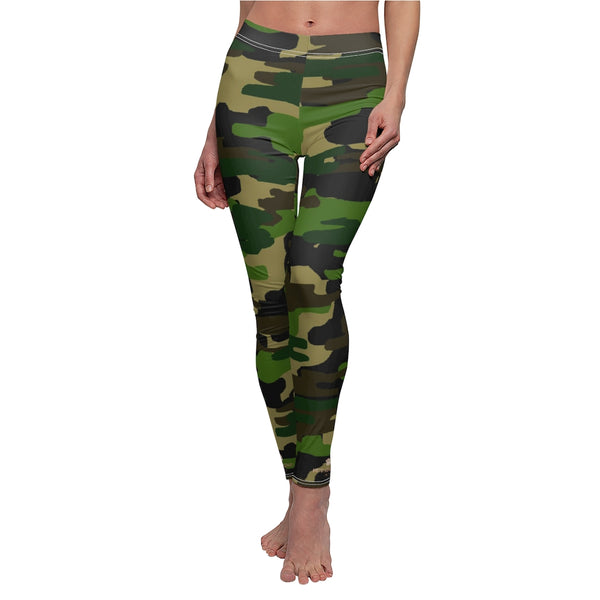 Green Brown Camo Military Print Women's Dressy Long Casual Leggings- Made in USA-Casual Leggings-White Seams-M-Heidi Kimura Art LLC