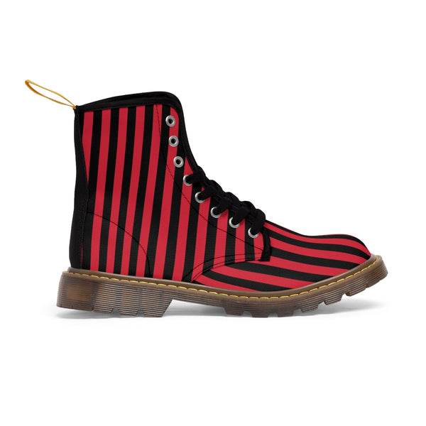 Red Black Striped Women's Boots, Best Vertical Stripes Winter Laced Up Designer Boots For Women