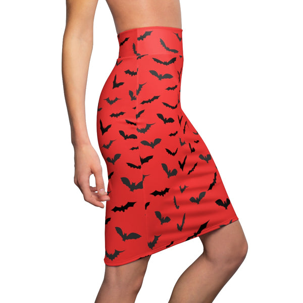 Red Black Halloween Bats Print Women's Pencil Skirt- Made in USA (US Size: XS-2XL)-Pencil Skirt-Heidi Kimura Art LLC