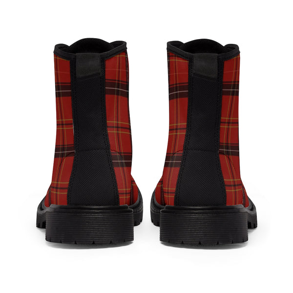Red Plaid Print Men's Boots, Best Hiking Winter Boots Laced Up Shoes For Men-Shoes-Printify-Heidi Kimura Art LLC