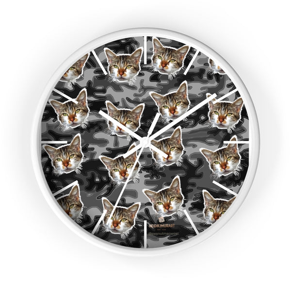 Gray Camo Cat Print Wall Clock, Calico Cat Large 10" dia. Unique Indoor Clocks- Made in USA-Wall Clock-10 in-White-White-Heidi Kimura Art LLC