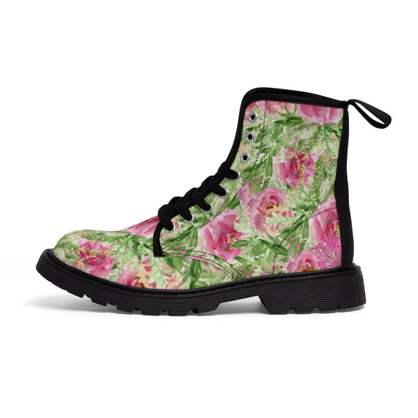 Pink French Rose Floral Print Designer Women's Winter Lace-up Toe Cap Boots-Women's Boots-Black-US 9-Heidi Kimura Art LLC