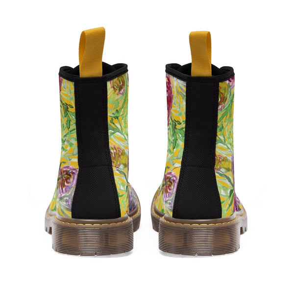 Yellow Rose Floral Women's Boots, Pink Purple Rose Flower Printed Hiking Combat Boots For Ladies