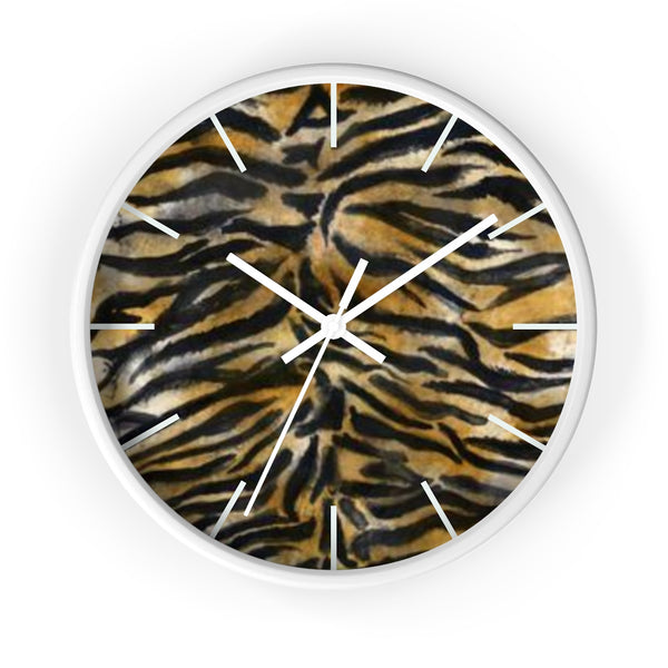 Brown Tiger Stripe Wall Clock, Modern Chic Animal Print 10" Dia. Wall Clock- Made in USA-Wall Clock-White-White-Heidi Kimura Art LLC