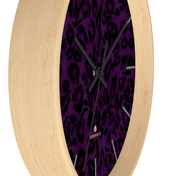 Purple Leopard Animal Print Large Unique Indoor Designer 10" Dia. Wall Clocks- Made in USA-Wall Clock-10 in-Wooden-Black-Heidi Kimura Art LLC