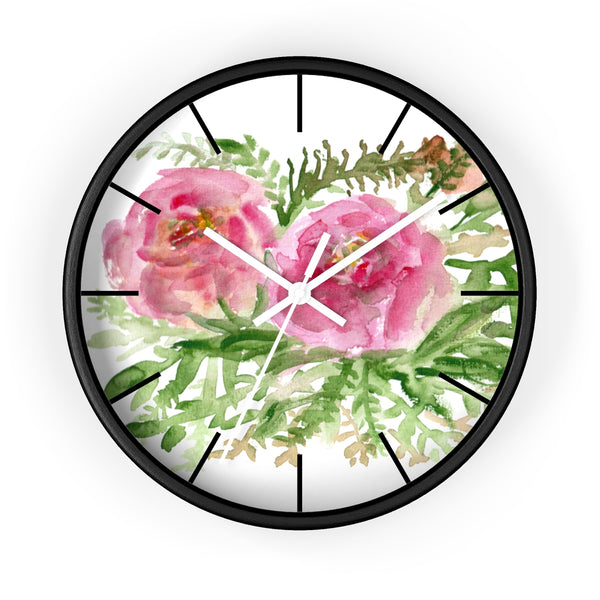 Pink Rose Vintage Style Floral Print Rose Flower 10 inch Diameter Wall Clock-Made in USA-Wall Clock-Black-White-Heidi Kimura Art LLC