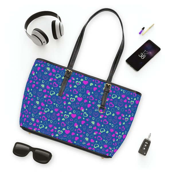 Blue Hearts Print Tote Bag, PU Leather Shoulder Hand Work Bag