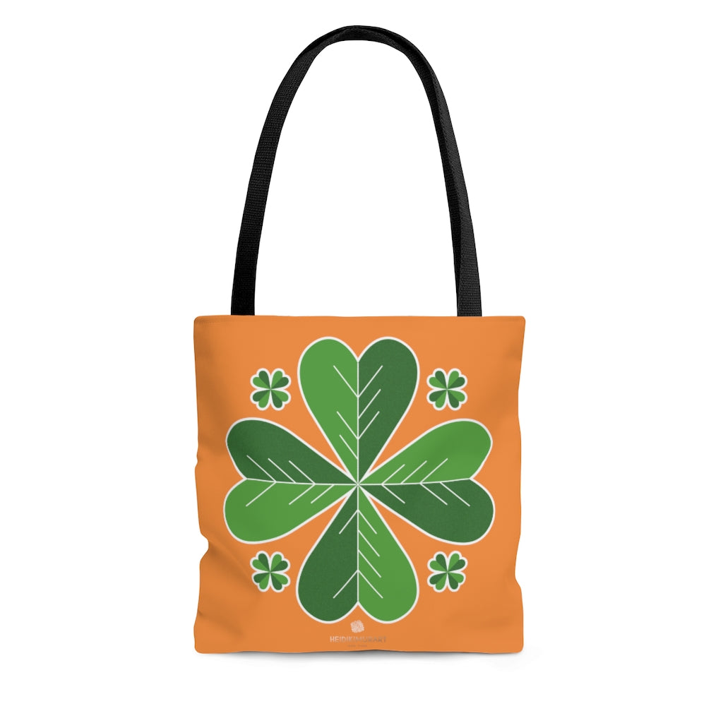 Orange And Green Irish Green Clover Leaf St. Patrick's Day Print Tote Bag- Made in USA-Tote Bag-Large-Heidi Kimura Art LLC