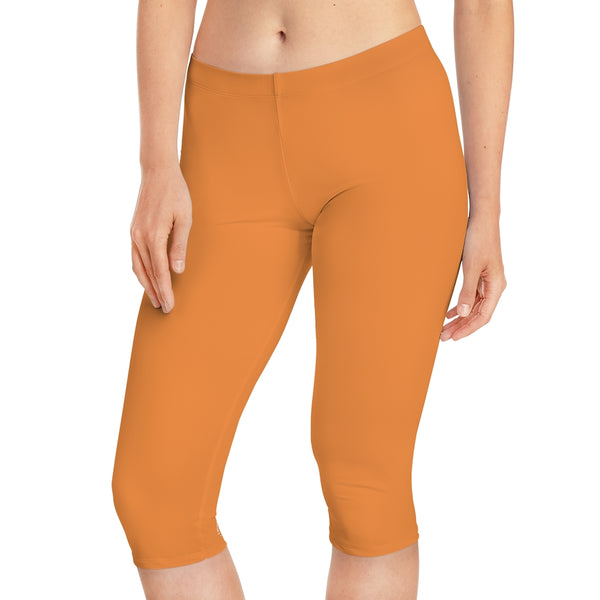 Orange Color Women's Capri Leggings, Modern Essential Solid Color American-Made Best Designer Premium Quality Knee-Length Mid-Waist Fit Knee-Length Polyester Capris Tights-Made in USA (US Size: XS-3XL) Plus Size Available