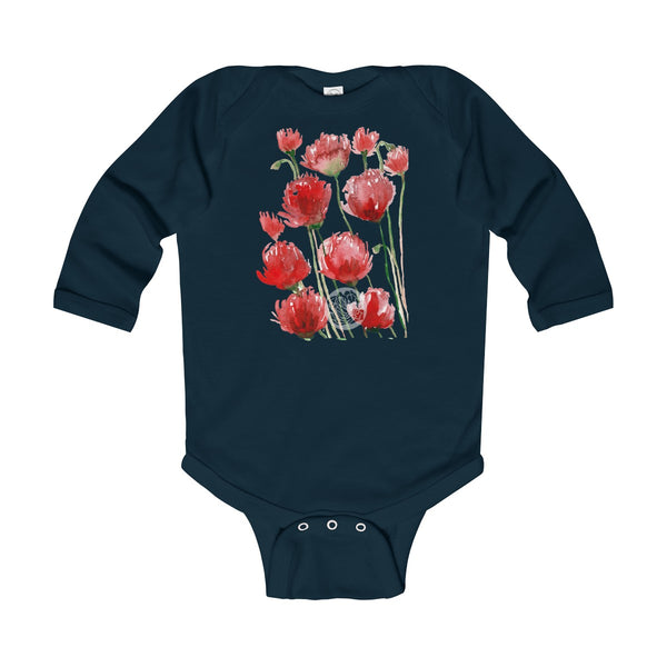 Floral Red Poppy Flower Print Infant Long Sleeve Bodysuit - Made in UK(UK Size: 6M-24M)-Kids clothes-Navy-12M-Heidi Kimura Art LLC