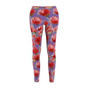 Purple Poppy Floral Casual Tights, Best Women's Floral Casual Leggings