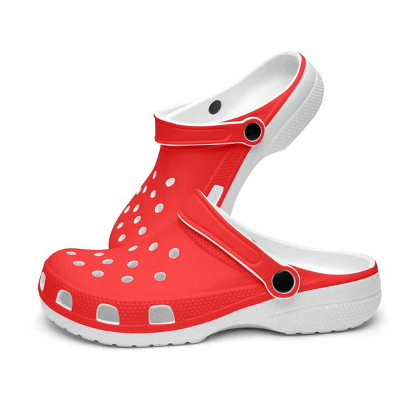 Red Solid Color Unisex Clogs, Best Solid Bright Red Color Classic Solid Color Printed Adult's Lightweight Anti-Slip Unisex Extra Comfy Soft Breathable Supportive Clogs Flip Flop Pool Water Beach Slippers Sandals Shoes For Men or Women, Men's US Size: 3.5-12, Women's US Size: 4-12