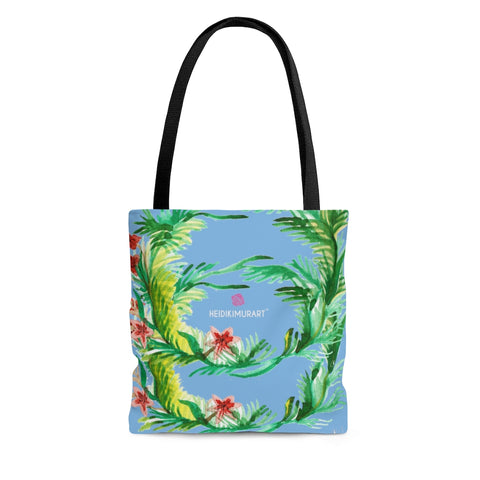 Blue Floral Tote Bag, Fall Themed Flower Print Designer Colorful Square 13"x13", 16"x16", 18"x18" Premium Quality Market Tote Bag - Made in USA