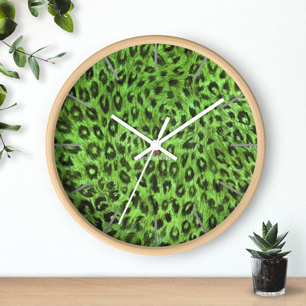 Green Leopard Print Wall Clock,  Numeric 10 inch Diameter Wall Clock, Large Round Wood Girl Children Bedroom Wall Clock