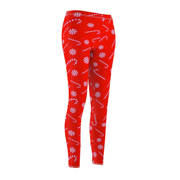 Bright Red and White Candy Cane Women's Christmas Print Holiday Casual Leggings-Casual Leggings-Heidi Kimura Art LLC