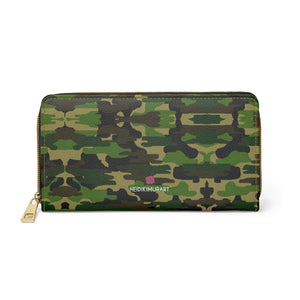 Green Camouflage Print Zipper Wallet, Camouflage Army Military Print Best 7.87" x 4.33" Luxury Cruelty-Free Faux Leather Women's Wallet & Purses Compact High Quality Nylon Zip & Metal Hardware, Luxury Long Wallet Card Cases For Women