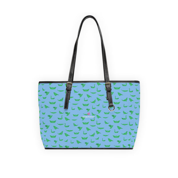 Pale Blue Crane Tote Bag, Best Crane Birds Print Stylish Fashionable Printed PU Leather Shoulder Large Spacious Durable Hand Work Bag 17"x11"/ 16"x10" With Gold-Color Zippers & Buckles & Mobile Phone Slots & Inner Pockets, All Day Large Tote Luxury Best Sleek and Sophisticated Cute Work Shoulder Bag For Women With Outside And Inner Zippers