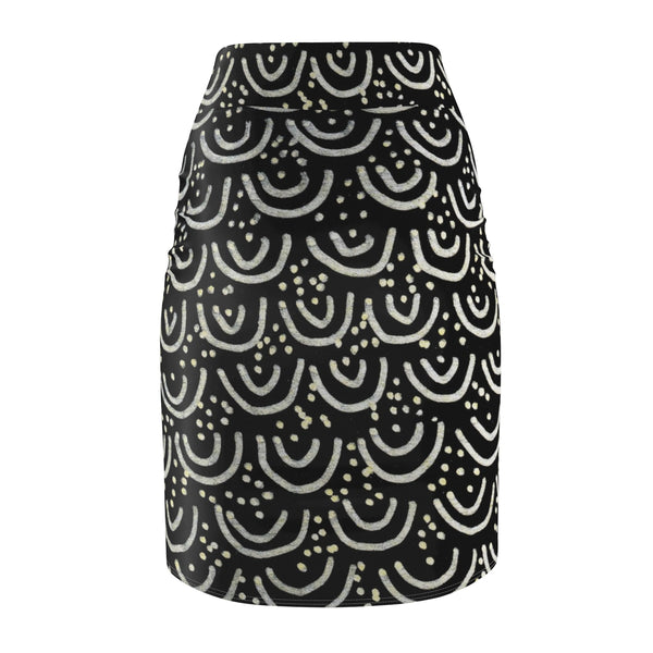 Black Mermaid Print Women's Pencil Skirt, Designer Office Skirt For Women - Made in USA-Pencil Skirt-Heidi Kimura Art LLC