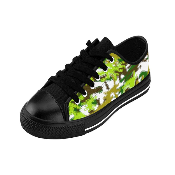 White Green Camouflage Military Print Premium Men's Low Top Canvas Sneakers Shoes-Men's Low Top Sneakers-Heidi Kimura Art LLC
