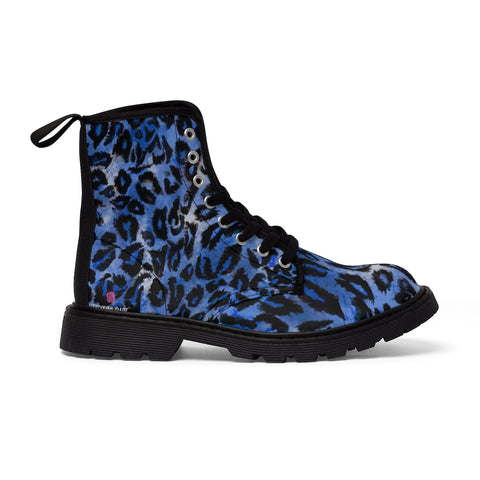 Blue Leopard Women's Canvas Boots, Best Leopard Animal Print Designer Women's Winter Lace-up Toe Cap Hiking Boots Shoes For Women (US Size 6.5-11)