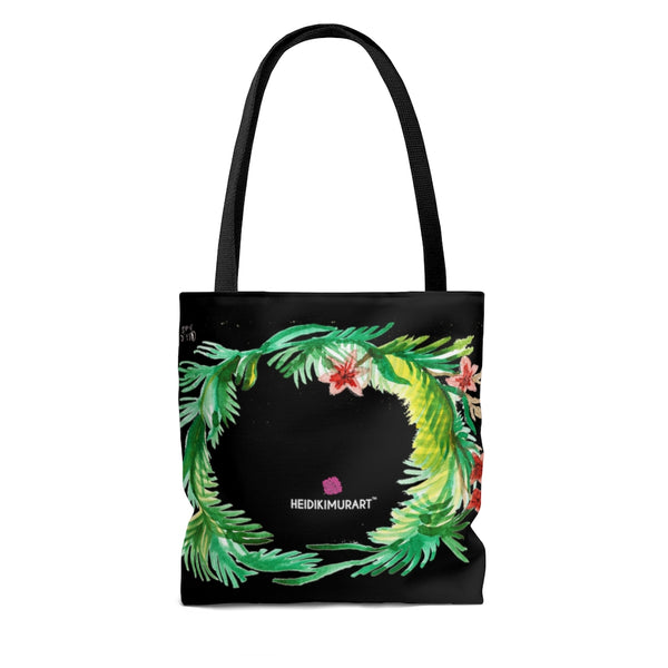 Black Floral Tote Bag, Fall Themed Flower Print Designer Colorful Square 13"x13", 16"x16", 18"x18" Premium Quality Market Tote Bag - Made in USA