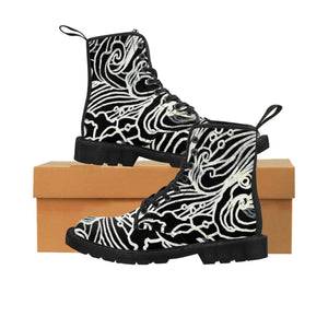 Black Japanese Wave Pattern Anti Heat + Moisture Designer Men's Winter Boots Shoes-Men's Boots-Black-US 9-Heidi Kimura Art LLC