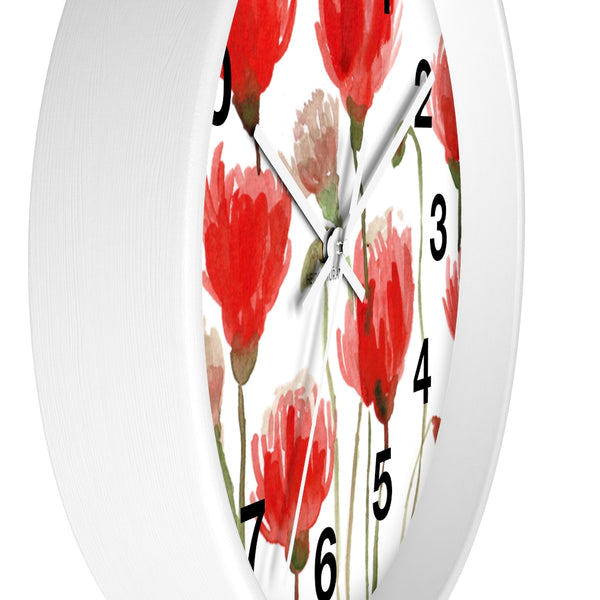 Red Poppy Floral Wall Clock,  Best Numeric Floral 10 inch Diameter Flower Wall Clock-Made in USA, Large Round Wood Girl Children Bedroom Wall Clock