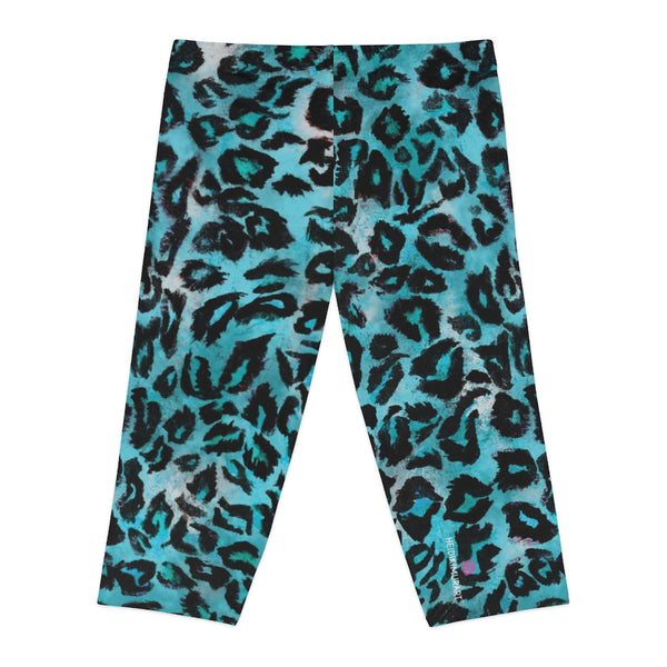 Blue Leopard Women's Capri Leggings, Modern Leopard Animal Print American-Made Best Designer Premium Quality Knee-Length Mid-Waist Fit Knee-Length Polyester Capris Tights-Made in USA (US Size: XS-3XL) Plus Size Available