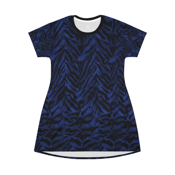Chic Navy Blue Tiger Stripe Animal Print Designer Crew Neck T-shirt Dress-Made in USA-T-Shirt Dress-Heidi Kimura Art LLC