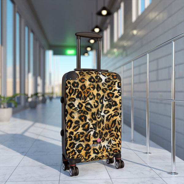 Brown Leopard Print Cabin Suitcase, Animal Print Designer Carry On Polycarbonate Front and Hard-Shell Durable Small 1-Size Carry-on Luggage With 2 Inner Pockets & Built in Lock With 4 Wheel 360° Swivel and Adjustable Telescopic Handle - Made in USA/UK (Size: 13.3" x 22.4" x 9.05", Weight: 7.5 lb) Unique Cute Carry-On Best Personal Travel Bag Custom Luggage - Gift For Him or Her 