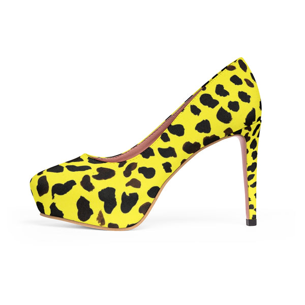 Bright Yellow Cute Cow Print Animal Print Luxury Women's 4" Platform Heels-4 inch Heels-Heidi Kimura Art LLC
