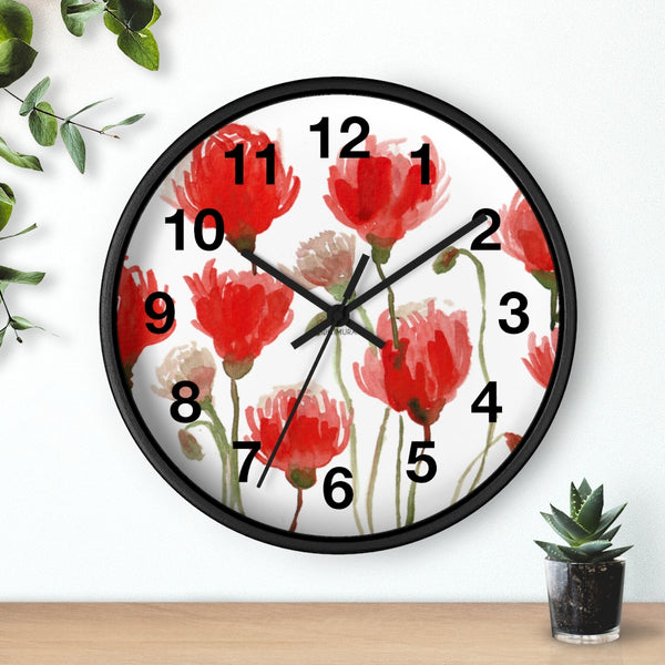 Red Poppy Floral Wall Clock,  Best Numeric Floral 10 inch Diameter Flower Wall Clock-Made in USA, Large Round Wood Girl Children Bedroom Wall Clock