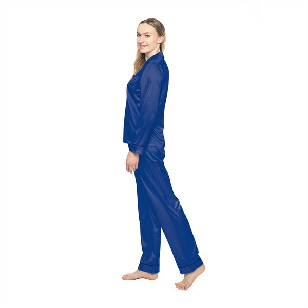 Dark Blue Women's Satin Pajamas, Luxury Premium Solid Color Loungewear For Women