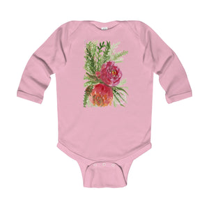 Floral Red Orange Rose Infant Long Sleeve Bodysuit - Made in UK (UK Size: 6M-24M)-Kids clothes-Pink-18M-Heidi Kimura Art LLC