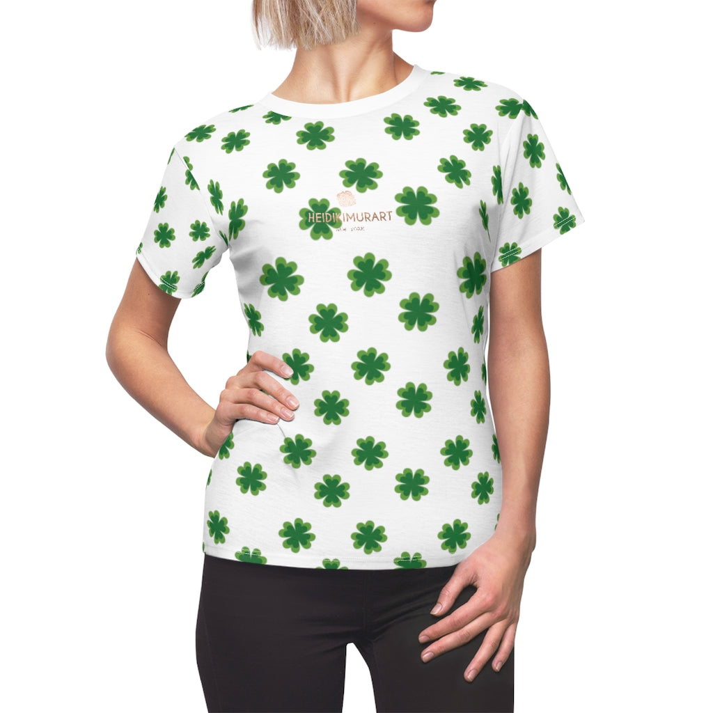 White Green Clover Print St. Patrick's Day Women's Short Sleeves Crewneck Tee- Made in USA-Women's T-Shirt-L-White Seams-4 oz.-Heidi Kimura Art LLC
