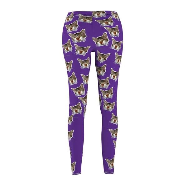 Purple Peanut Meow Cat Cute Calico Print Women's Fancy Casual Leggings- Made in USA-All Over Prints-Heidi Kimura Art LLC