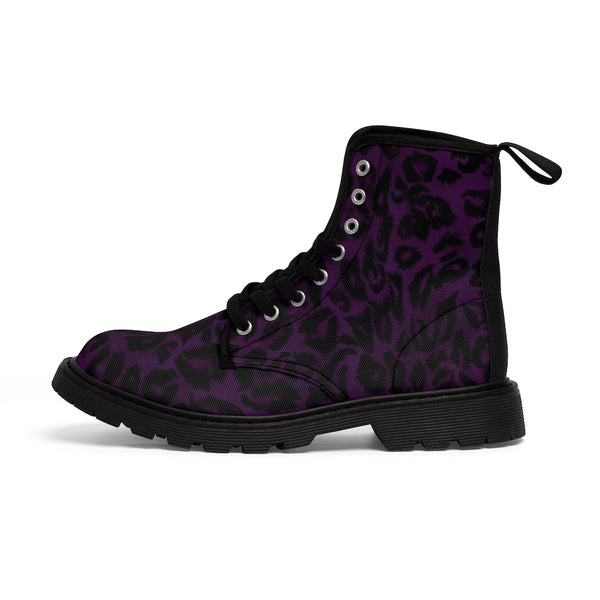 Purple Leopard Print Men Hiker Boots, Animal Print Combat Work Hunting Boots, Anti Heat + Moisture Designer Men's Winter Boots Laced Up Best Hiking Shoes (US Size: 7-10.5)
