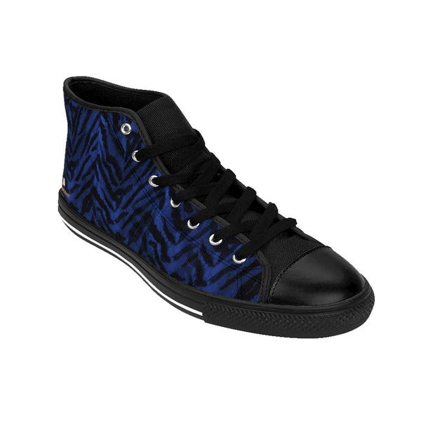 Navy Blue Tiger Stripe Animal Print Premium Quality Men's High-Top Sneakers-Men's High Top Sneakers-Heidi Kimura Art LLC