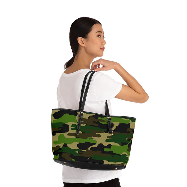 Green Camo Tote Bag, PU Leather Shoulder Hand Work Bag