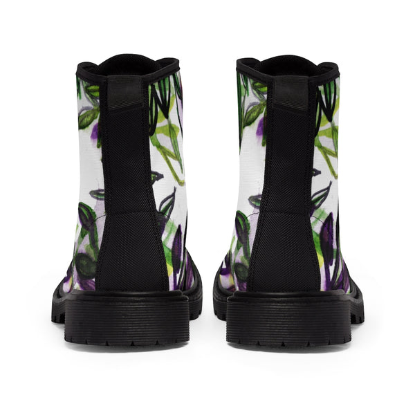 Purple Tropical Print Women's Boots, Hawaiian Style Designer Laced-up Winter Boots For Ladies