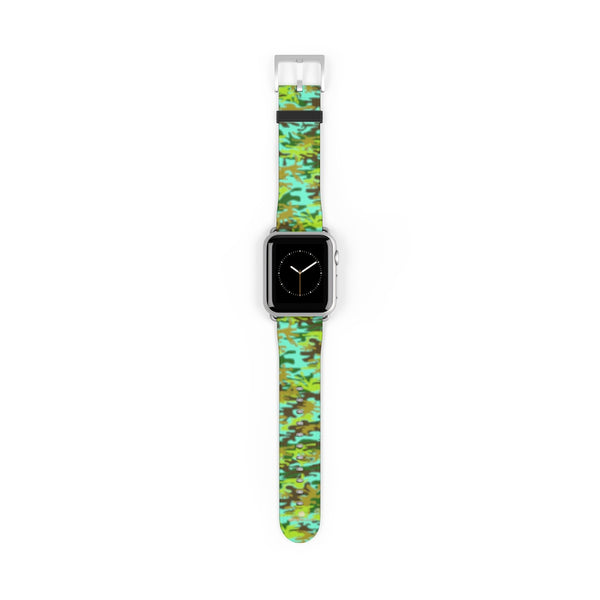 Light Blue Green Camo Print 38mm/ 42mm Watch Band For Apple Watches- Made in USA-Watch Band-38 mm-Silver Matte-Heidi Kimura Art LLC