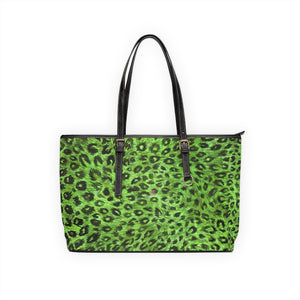 Green Leopard Print Tote Bag, Best Stylish Leopard Animal Printed PU Leather Shoulder Large Spacious Durable Hand Work Bag 17"x11"/ 16"x10" With Gold-Color Zippers & Buckles & Mobile Phone Slots & Inner Pockets, All Day Large Tote Luxury Best Sleek and Sophisticated Cute Work Shoulder Bag For Women With Outside And Inner Zippers