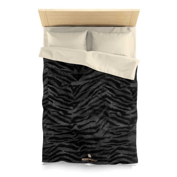 Black Tiger Stripe Duvet Cover, Gray Animal Print Queen/Twin Size Microfiber Duvet Cover-Duvet Cover-Twin-Cream-Heidi Kimura Art LLC