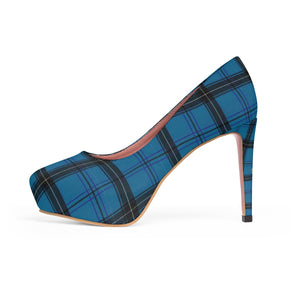 Light Blue Tartan Scottish Plaid Print Women's Platform Heels Pumps (US Size: 5-11)-4 inch Heels-US 7-Heidi Kimura Art LLC