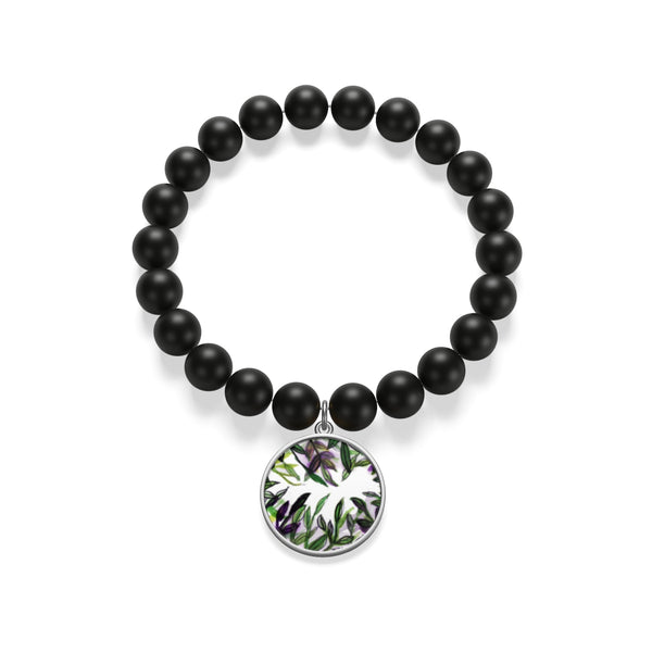 Green Tropical Leave Print Unisex Matte Onyx Bracelet- Made in USA-Bracelet-indigocoin-Silver-Heidi Kimura Art LLC